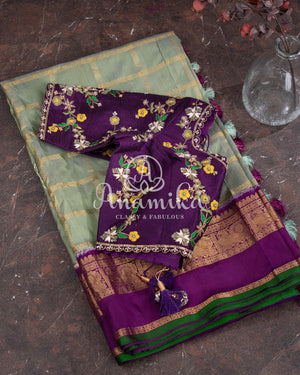 Pista Green Twill Kanchi saree with zari checks weaving