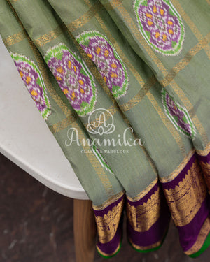 Pista Green Twill Kanchi saree with zari checks weaving