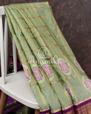 Pista Green Twill Kanchi saree with zari checks weaving