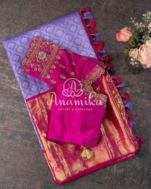 Lavender and Pink Kanjeevaram Saree w/ Pink Work Blouse