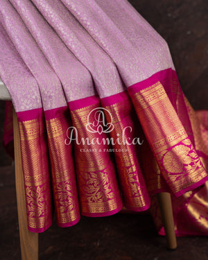 Kanchipuram Lavender Saree w/ Pink Borders Paired w/ Pink Blouse