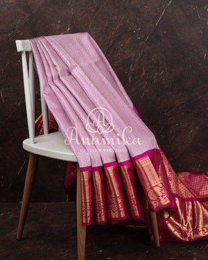 Kanchipuram Lavender Saree w/ Pink Borders Paired w/ Pink Blouse