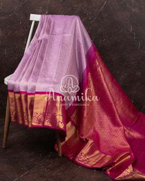 Kanchipuram Lavender Saree w/ Pink Borders Paired w/ Pink Blouse