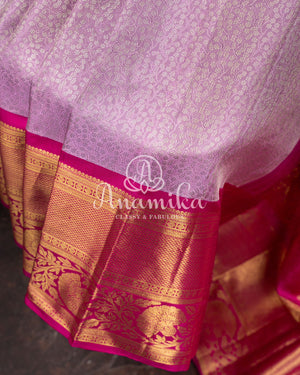 Kanchipuram Lavender Saree w/ Pink Borders Paired w/ Pink Blouse