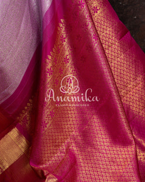 Kanchipuram Lavender Saree w/ Pink Borders Paired w/ Pink Blouse