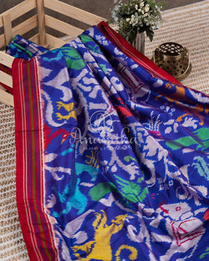 Royal Blue Ikkat Patola Saree w/ White Blouse