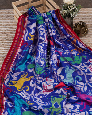 Royal Blue Ikkat Patola Saree w/ White Blouse