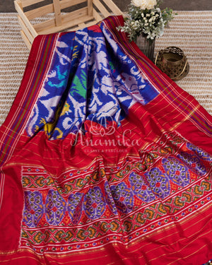 Royal Blue Ikkat Patola Saree w/ White Blouse