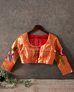 Reddish Orange Pure Paithani Tissue Blouse - Peacock Design