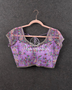 Lovely lavender blouse with net over lay and overall embroidery