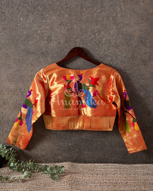 Reddish Orange Pure Paithani Tissue Blouse - Peacock Design
