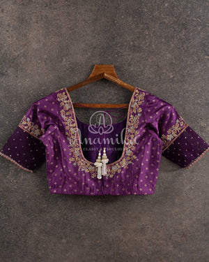 Purple pure silk Blouse with zari woven buttas and gold zardosi work