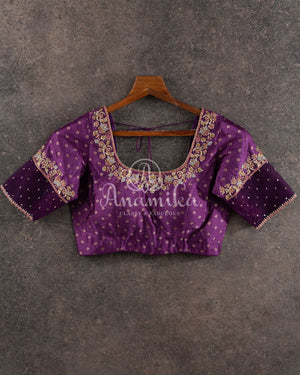 Purple pure silk Blouse with zari woven buttas and gold zardosi work