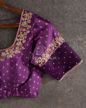Purple pure silk Blouse with zari woven buttas and gold zardosi work