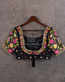 Black blouse with intricately designed all over multi color thread work
