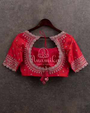 Peach Pink dual shade blouse with silver zardosi work