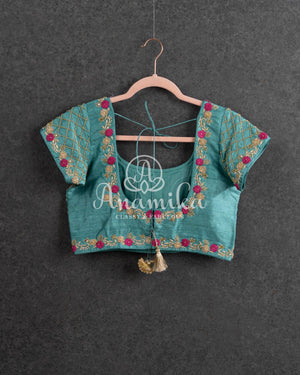 Teal blue short sleeves blouse with gold cutdana and thread work
