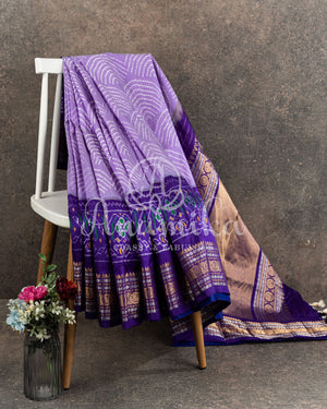 Lavender/Purple Twill Bandini saree with kanchi border and pallu