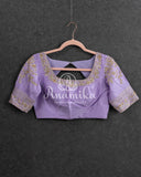 Yellow Banarasi Katan Tissue in Pastel Yellow with a stunning lavender zardosi work border