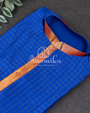 Royal Blue Pure Silk (Pattu) checkered kurta with paithani border