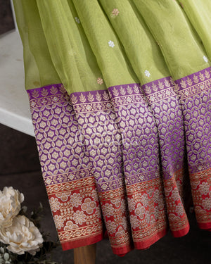 Parrot Green Banarasi Kora saree with stunning red border