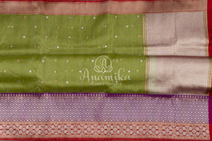 Parrot Green Banarasi Kora saree with stunning red border