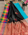 Black Banarasi Silk Saree with multi color checks border and floral meenakari buttas