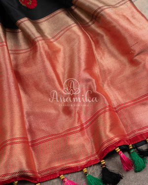 Black Banarasi Silk Saree with multi color checks border and floral meenakari buttas