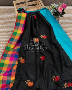 Black Banarasi Silk Saree with multi color checks border and floral meenakari buttas