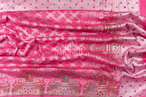 Rose Pink Tusser Georgette saree with all over silver zari weaving