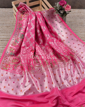 Rose Pink Tusser Georgette saree with all over silver zari weaving