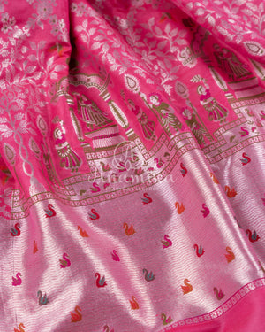 Rose Pink Tusser Georgette saree with all over silver zari weaving