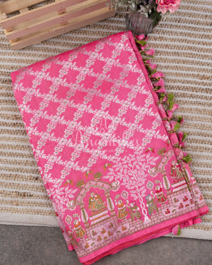 Rose Pink Tusser Georgette saree with all over silver zari weaving