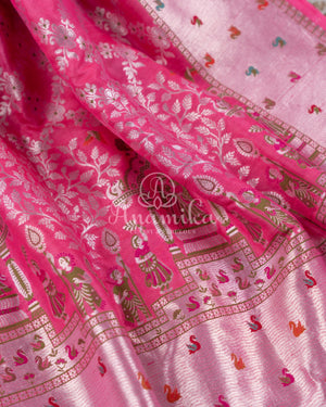 Rose Pink Tusser Georgette saree with all over silver zari weaving