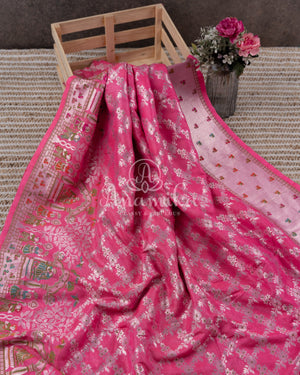Rose Pink Tusser Georgette saree with all over silver zari weaving