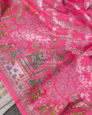 Rose Pink Tusser Georgette saree with all over silver zari weaving