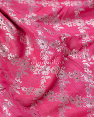 Rose Pink Tusser Georgette saree with all over silver zari weaving