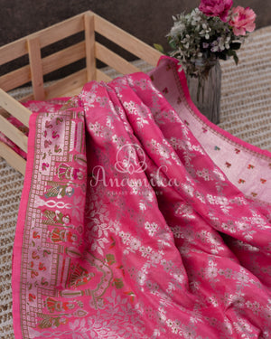 Rose Pink Tusser Georgette saree with all over silver zari weaving