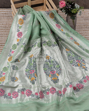 Pastel Green Banarasi Tusser georgette saree with paithani border