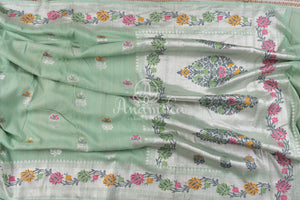 Pastel Green Banarasi Tusser georgette saree with paithani border