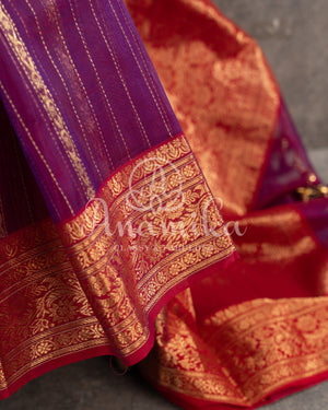 Purple Chander Silk saree with vertical zari lines and contrast red zari woven border
