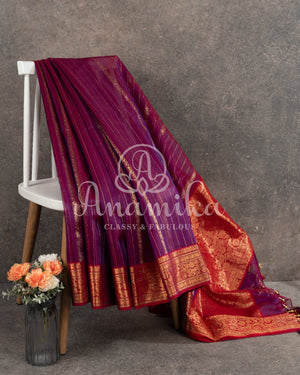 Purple Chander Silk saree with vertical zari lines and contrast red zari woven border