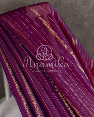 Purple Chander Silk saree with vertical zari lines and contrast red zari woven border