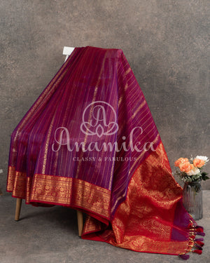 Purple Chander Silk saree with vertical zari lines and contrast red zari woven border