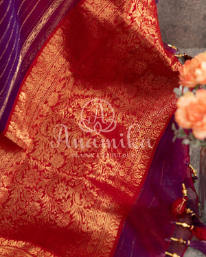 Purple Chander Silk saree with vertical zari lines and contrast red zari woven border