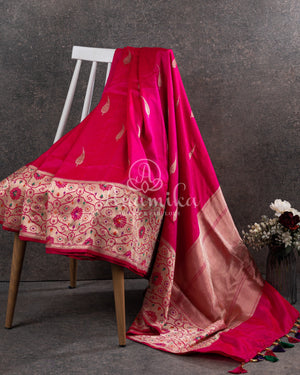 Magenta Pink Banarasi Pure Silk saree with paithani border