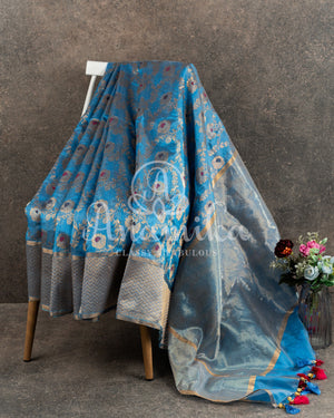 Copper Sulphate blue chanderi silk saree with all over jaal weaving