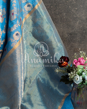 Copper Sulphate blue chanderi silk saree with all over jaal weaving