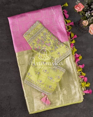 Kanjeevaram saree in a unique shade of pastel pink with pastel green