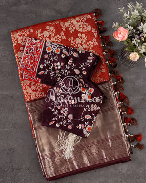 Kanjeevaram saree in a unique rust orange and brown combo